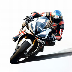 Professional Motorcycle Racer in Full Gear Cornering Sharply on Sport Bike with Dynamic Speed Effect on a Clear Background