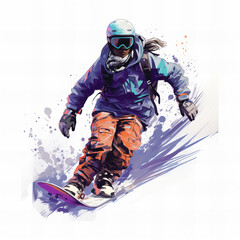 Fototapeta na wymiar Dynamic Snowboarder in Action: Vibrant Digital Artwork Illustration for Winter Sports and Adventure Themes