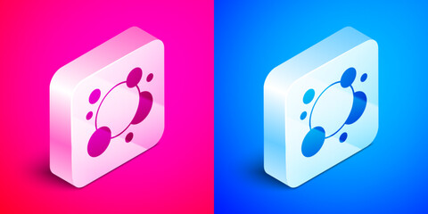 Isometric Soap water bubbles icon isolated on pink and blue background. Silver square button. Vector