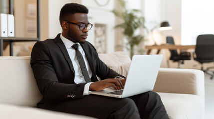 A professional dressed in a business suit is attentively using a laptop while comfortably sitting on a couch, indicating a blend of formal attire with a relaxed remote working environment.