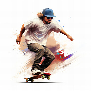 Dynamic Urban Skateboarding Illustration: Stylish Skater in Action with Artistic Splatter Background