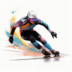 Dynamic Speed Skating Athlete in Action - Vibrant, Energetic Illustration of Winter Sports Passion and Movement with Artistic Color Splashes - obrazy, fototapety, plakaty