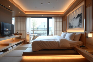 Naklejka na ściany i meble Minimal bedroom, House interior design backdrop, White modern bedroom, Simple design.