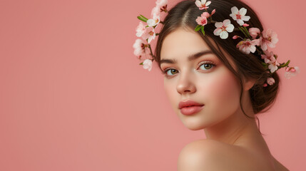 Beautiful fashion portrait of young woman with wreath of spring flowers in hairstyle over pink background. For aroma, cosmetics, skincare treatment promotion