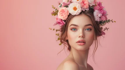 Tuinposter Beautiful fashion portrait of young woman with wreath of spring flowers in hairstyle over pink background. For aroma, cosmetics, skincare treatment promotion © lanters_fla