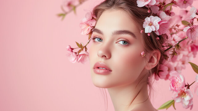 Beautiful fashion portrait of young woman with wreath of spring flowers in hairstyle over pink background. For aroma, cosmetics, skincare treatment promotion