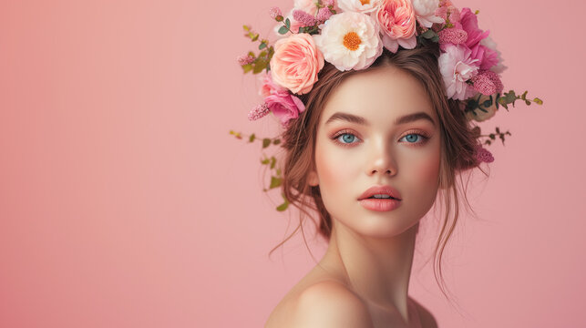 Beautiful fashion portrait of young woman with wreath of spring flowers in hairstyle over pink background. For aroma, cosmetics, skincare treatment promotion