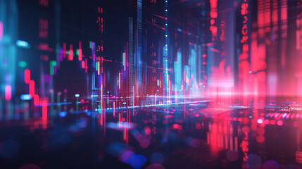 a blurred close-up view of a financial stock market graph on a digital screen with various data points and trend lines