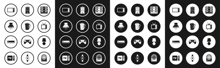 Set Gas stove, Measuring cup, Kitchen extractor fan, Microwave oven, Television, Double boiler, Table lamp and Air conditioner icon. Vector