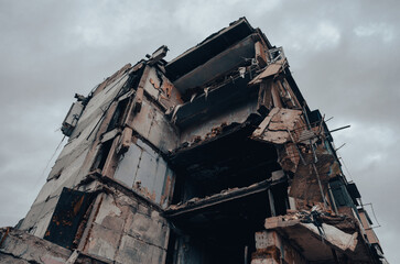 destroyed and burned houses in the city during the war in Ukraine