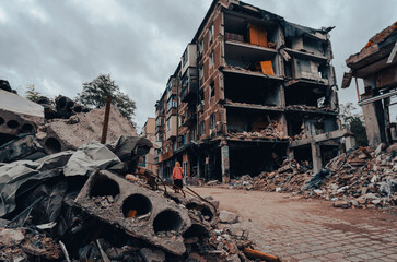 destroyed and burned houses in the city during the war in Ukraine