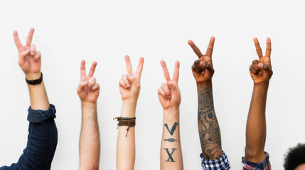 different arms raised against a white background, each making the peace sign with their fingers.