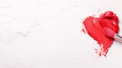 Minimal Valentine and love background with red cream paint in the shape of heart and brush on white canvas.  Minimal Women's day greeting card	