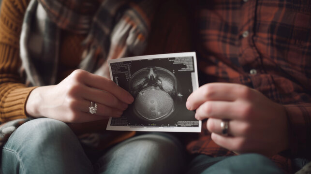 close-up of a couple's hands holding an ultrasound image of their unborn baby.