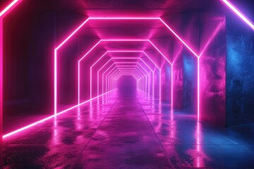 Fototapeta premium Abstract Neon Light Glowing Hallway with Pink and Blue Tones, Disco Cyberpunk Spotlight Tunnel Stage Illumination Featuring Triangles and Square Shapes