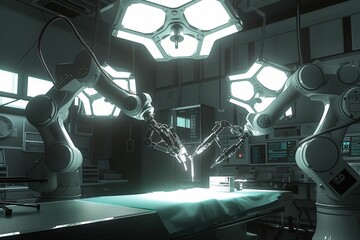 A state-of-the-art operating room with sleek, programmable automated robot arms performing a delicate procedure, illuminated by focused, high-intensity lights.