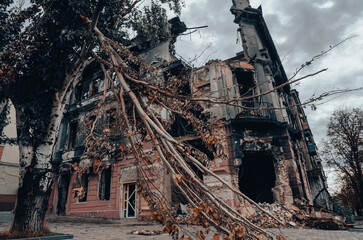 destroyed and burned houses in the city during the war in Ukraine
