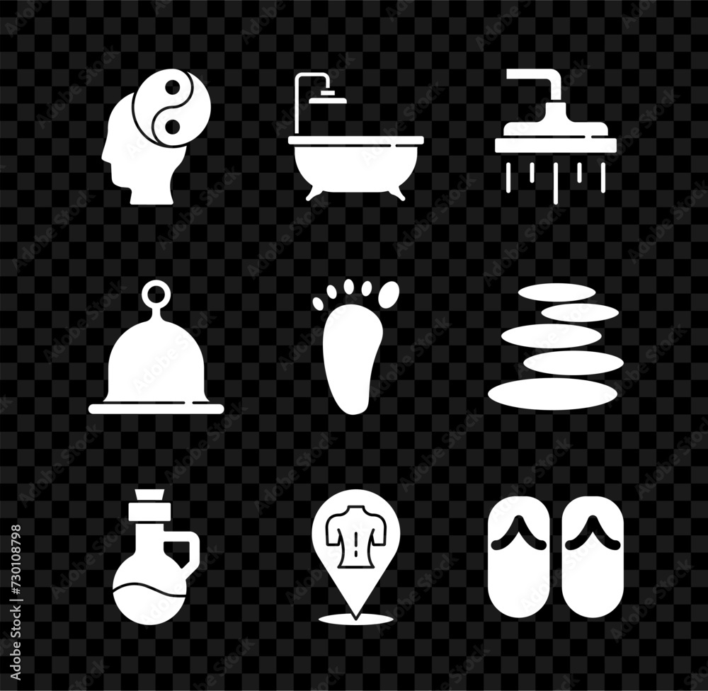 Poster Set Yin Yang, Bathtub, Shower head, Essential oil bottle, Massage, Flip flops, Sauna hat and Foot massage icon. Vector