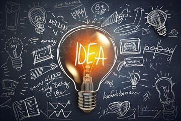 a brightly lit lightbulb against a dark, chalkboard-like background. White sketches and text surround the bulb