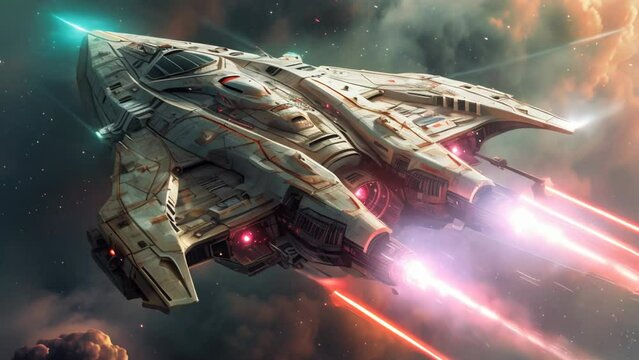 Nebula Sentinel: Space War Vessel with Laser Cannons. Generative ai
