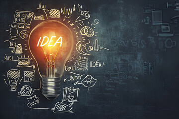 a brightly lit lightbulb against a dark, chalkboard-like background. White sketches and text surround the bulb, symbolizing the evolution of an idea from innovation to success