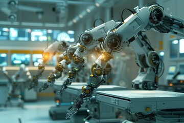 Fototapeta premium Multiple robotic arms working in harmony in an ultra-modern operating theatre. The image captures the arms' coordinated movements, set against a backdrop of softly glowing