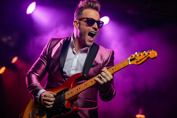 Obraz premium Energetic guitarist in a shiny purple blazer, white shirt, and sunglasses rocking the stage with a powerful performance of a rock song.
