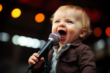Energetic baby holding a microphone and singing joyfully.