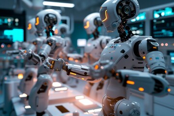 Fototapeta premium Multiple robotic arms working in harmony in an ultra-modern operating theatre. The image captures the arms' coordinated movements, set against a backdrop of softly glowing