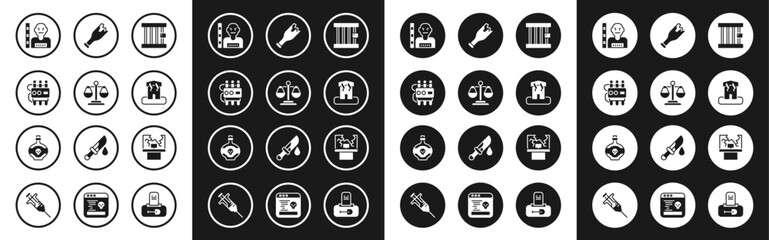 Set Prison window, Scales of justice, Dynamite and timer clock, Suspect criminal, Arson home, Broken bottle as weapon, and Poison icon. Vector