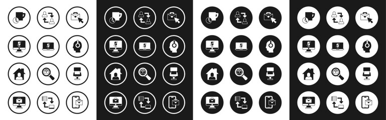 Set Online working, Mute microphone on laptop, computer, Time management, Freelancer, Project team base, Office chair and icon. Vector