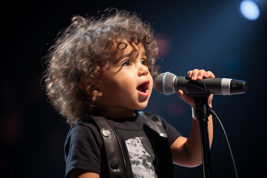 Adorable toddler with curly hair singing into a microphone on a dark background.