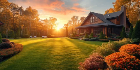 Foto auf Acrylglas Antireflex  landscape design ideas for green garden a sunset, residential house backyard background. medern house eksterior © Planetz