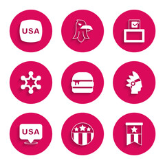 Set Burger, Medal with star, American flag, Native Indian, USA Independence day, Hexagram sheriff, Vote box and icon. Vector