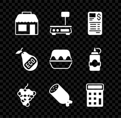 Set Market store, Electronic scales, Paper financial check, Grape fruit, Salami sausage, Calculator, Healthy organic pear and Chicken egg box icon. Vector
