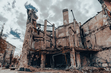 destroyed and burned houses in the city during the war in Ukraine