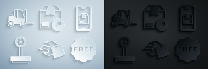 Set Carton cardboard box, Mobile app delivery tracking, Scale, rice tag with Free, and Forklift truck icon. Vector