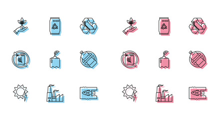 Set line Solar energy panel, Factory, Plant in hand of environmental protection, Stop ocean plastic pollution, Sprout bottle, No, Bio fuel canister and Can with recycle symbol icon. Vector