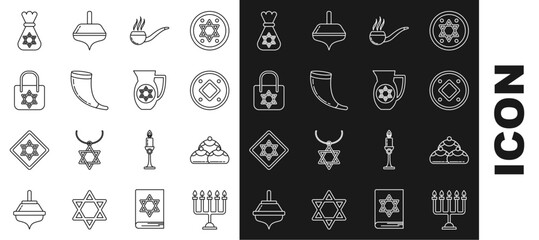 Set line Hanukkah menorah, Jewish sweet bakery, coin, Smoking pipe with smoke, Traditional ram horn, shofar, Shopping bag star david, money and Decanter icon. Vector