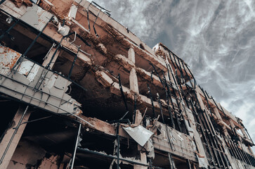 destroyed and burned houses in the city during the war in Ukraine