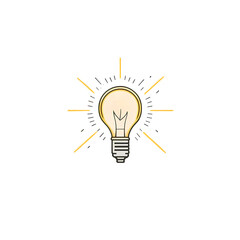 Light bulb logo with a yellow glow or yellow rays. Light bulb flat icon on white background. Fine lines. Concept of electricity, idea, light