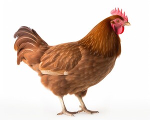 Brown Hen - Full Body View on Isolated White Background. Farm Animal and Domestic Chicken in Focus