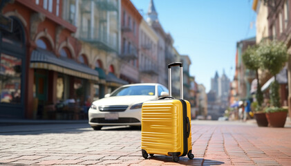 Yellow suitcase near car on street background. Modern stylish luggage. Travel concept. Taxi...