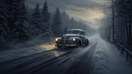 Fototapeta premium classic car on the snow