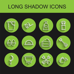 Set line Sickle, Udder, Bucket, Shovel and rake, Watering can, Hangar, Garden and Wooden box with harvest icon. Vector