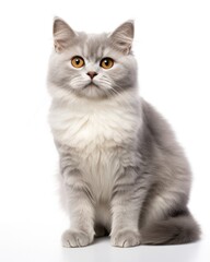 Obraz premium Gray Cat Sitting in Studio Isolated on White. Domestic Animal Photography of Cute Young Grey Pet