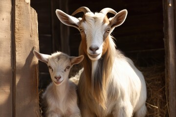 Mother Goat with Baby Brown Goats in a Barn on a Farm with Wood and White Horn