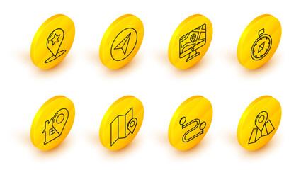 Set line Folded map with location marker, Route, Map pointer house, Compass, Monitor and folded, Paper airplane and star icon. Vector