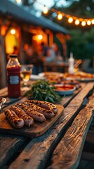 Obraz premium Very delicious looking sausages are on a cooked wooden serving plate on a wooden table