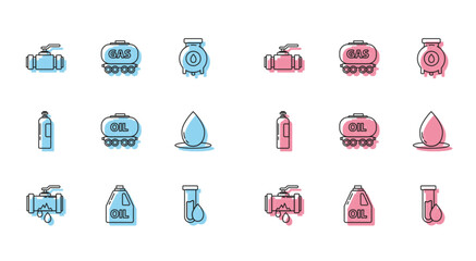 Set line Broken metal pipe with leaking water, Industry metallic pipes and valve, Oil petrol test tube, railway cistern, drop, Industrial gas cylinder tank and Gas icon. Vector